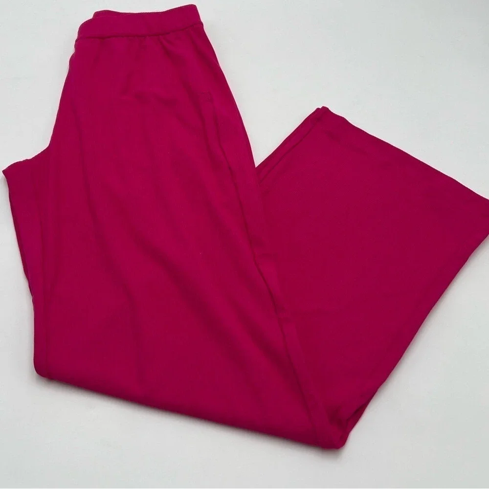 CRZ YOGA Womens Hot Pink Ribbed Wide Leg Lounge Pants High Waisted‎ Small NEW